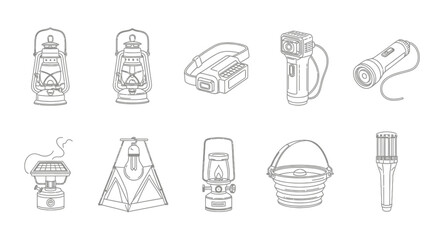 Fototapeta premium Portable outdoor lighting and lantern icons.