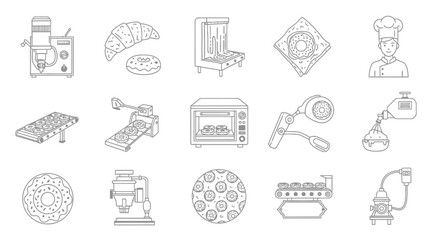 Fototapeta premium Professional bakery equipment and chef line icon set