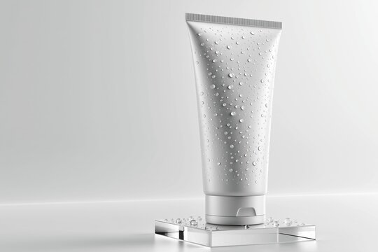 Elegant glistening toothpaste tube displayed on clear stand