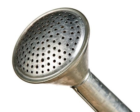 Metallic Showerhead with Holes, Shiny Surface, Attached to Clear Tube