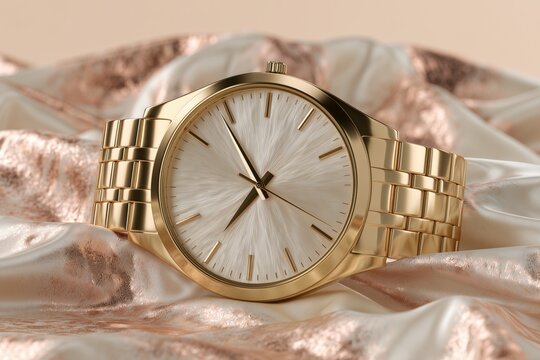 Elegant gold tone wristwatch with minimalist dial on textured fabric background