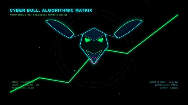 An Innovative Cyber Bull Infographic Showcasing an Algorithmic Trading Matrix with Autonomous High-Frequency Strategies in a Digital Landscape