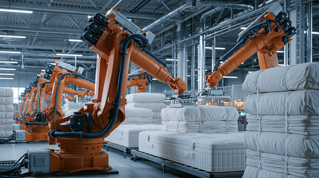 Automated robotic arms assemble and stack mattresses in a modern bright factory. Ideal for advanced manufacturing and industrial technology concepts.
