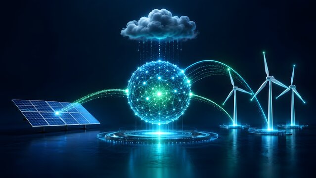 Glowing digital network globe connecting to solar and wind elements representing global renewable energy data monitoring system