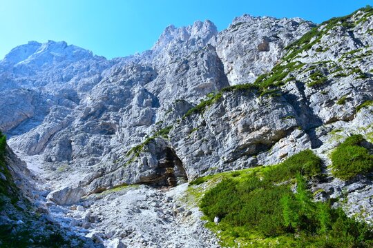 Rocky mountain cliff above Krnica in Julian alps, Gorenjska, Slovenia