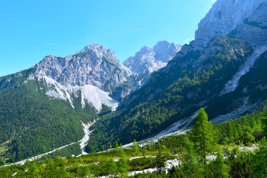 View of &Scaron;pik mountain above Krnica valley with the landscape bellow with larch trees and mugo pine bushes in Julian alps, Gorenjska, Slovenia