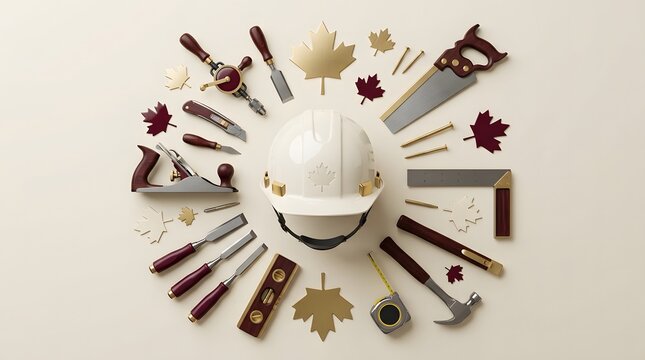 White construction hard hat surrounded by professional manual woodworker tools and metallic maple leaves arranged in a circular flat lay