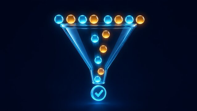 Glowing digital funnel filtering spheres representing automated lead qualification and conversion process
