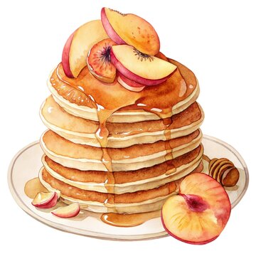 Detailed watercolor illustration of a stack of sweet pancakes with peach slices isolated
