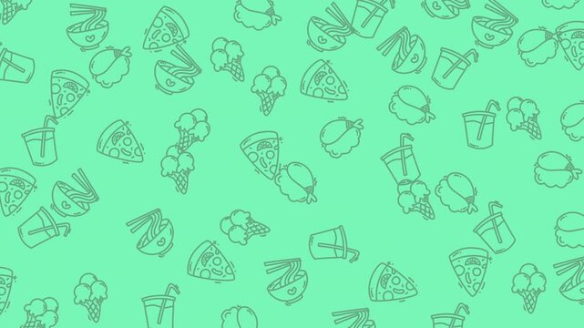 Seamless pattern background with hand drawn food and drink icons on green.