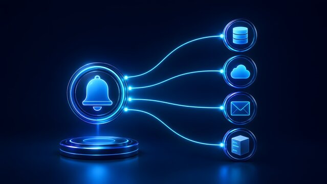 Centralized notification distribution system featuring a glowing blue bell icon broadcasting alerts to infrastructure modules