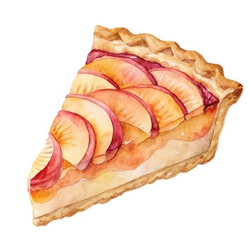 Detailed watercolor illustration of a fresh sweet peach tart slice pastry isolated