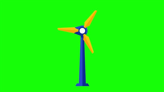 Animated Wind Turbine Generating Clean Renewable Energy On Green Screen