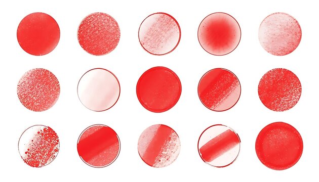 Sixteen circular red objects arranged in 4x4 grid pattern, each circle showing different textures opacities and patterns, variations from smooth uniform red to streaked speckled or gradient surfaces