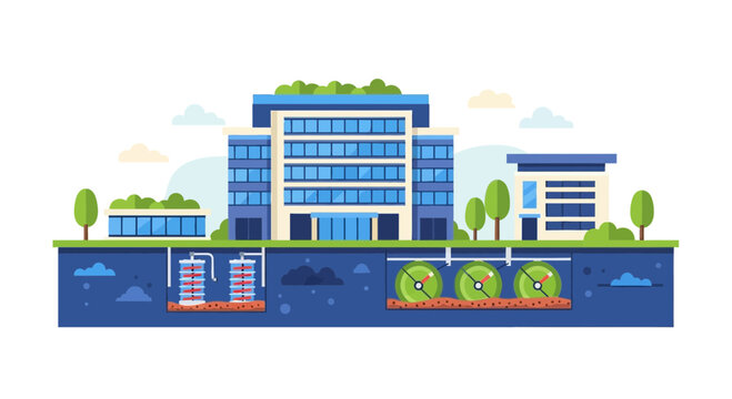 Eco-Friendly Modern Building with Underground Sustainable Energy Storage System Vector
