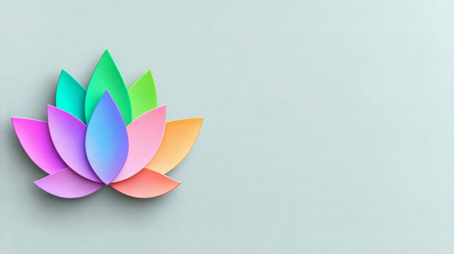 This is a flat layered paper-cut style lotus graphic, set against a soft light gray background. Its petals are filled with smooth rainbow gradient colors from purple, pink, orange to green