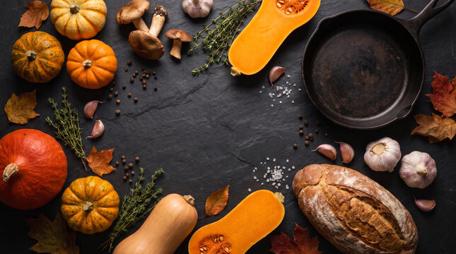 rustic autumn food frame with pumpkins and bread on slate