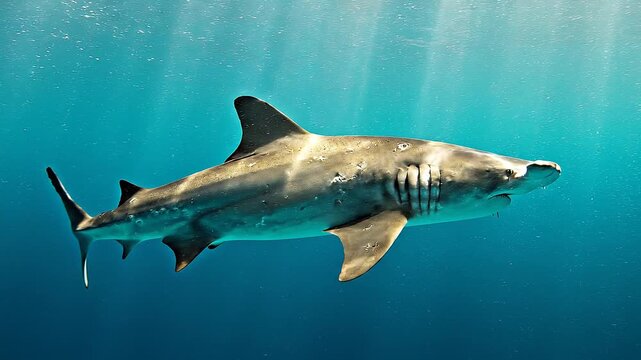 Hammerhead Shark in Oceanic Depths: A powerful hammerhead shark glides through the clear blue ocean water.