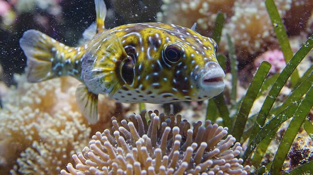 Pufferfish Amidst Coral Reef: A vibrant pufferfish, with its distinctive spotted pattern and inflated appearance, swims through a colorful coral reef, showcasing the beauty of underwater marine life.