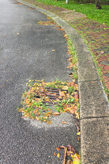 Obraz premium Clogged drain cover on street with leaf and earth risk flooding when rain