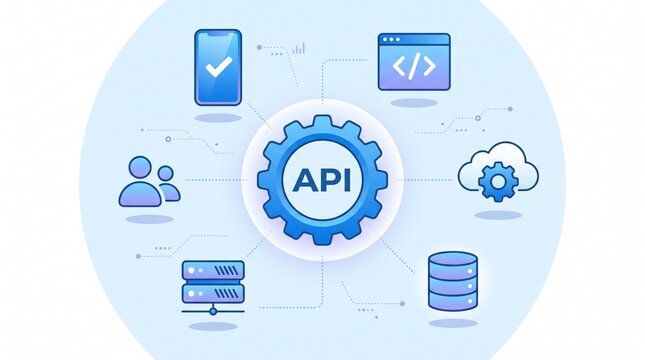 Conceptual graphic design of api application programming interface surrounded by software and data icons with programming interface software development database