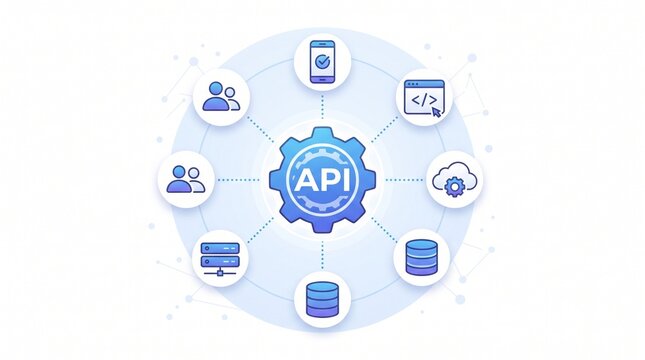 Software development api interface conceptual illustration with cloud computing and server database icons software development programming interface database