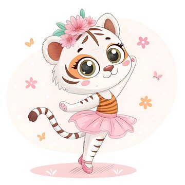 Cute cartoon tiger cub in pink tutu dancing