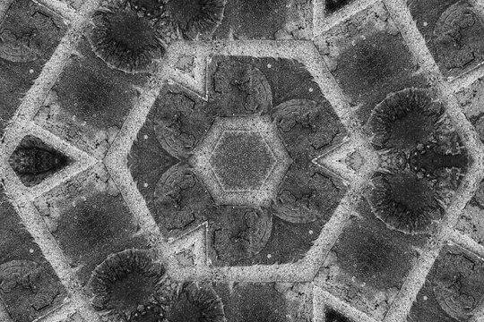 Abstract grunge background with circles, flowers and sharp corners.