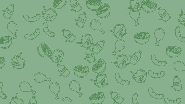 Seamless pattern with hand drawn food and drink icons on a green background.
