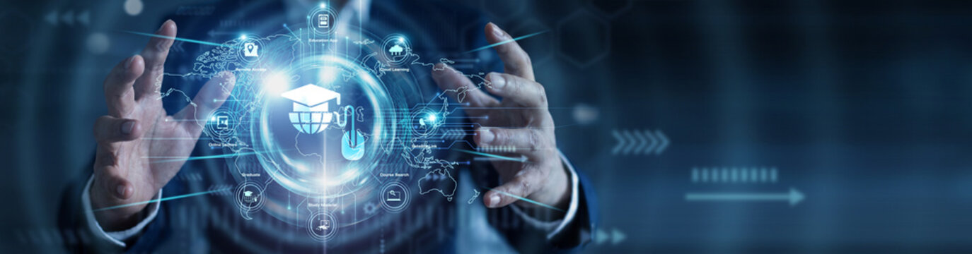 Remote education. Online instructor holding glowing distance learning portals over a global network on an abstract dark background. Virtual classroom portal.