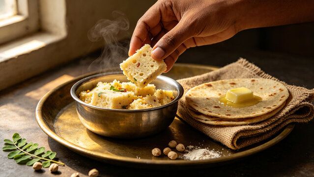 Hand lifting steamed Indian snack from brass bowl with flatbreads and butter