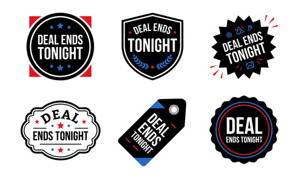Set of six modern promotional badges and sale tags with the text deal ends tonight for marketing
