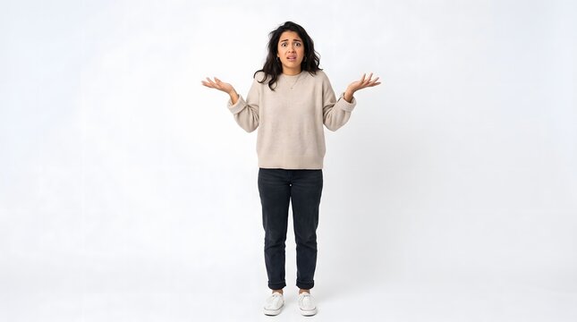 Doubtful woman standing with wide open arms gesture isolated on clean white background