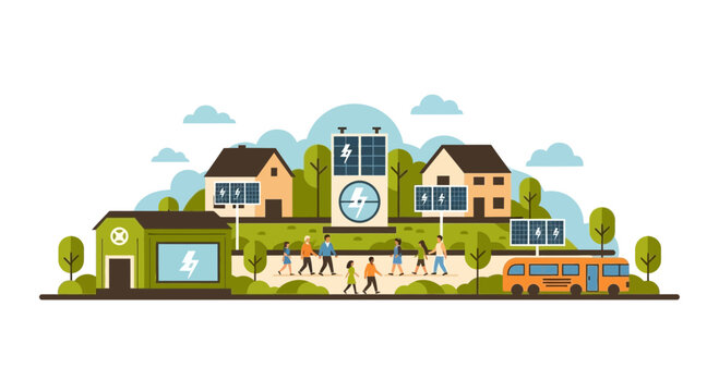 Sustainable Green City Illustration with Solar Panels and Electric Transport