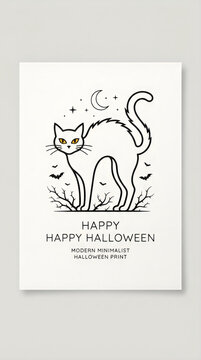 Black line art drawing of a spooky arched back cat with a crescent moon stars and bats for a simple modern happy halloween holiday celebration card