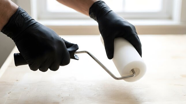 Gloved hands attaching a white foam sleeve cover onto a stainless steel paint roller frame handle.