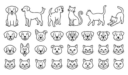 Obraz premium Hand Drawn Cat and Dog Face Outline Symbols Vector Collection