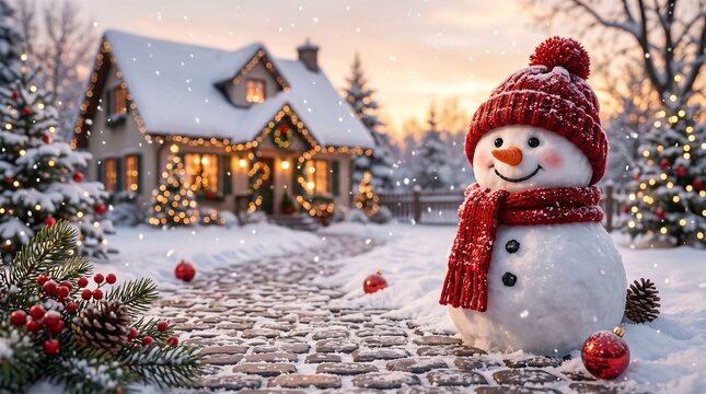 A cute smiling snowman wearing a red knitted hat and red scarf standing outside a decorated brick house on a snowy winter evening.