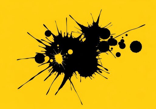 Abstract black ink splash or splatter art design on a yellow background