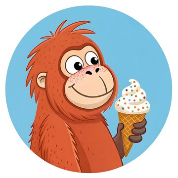 Happy cartoon orange monkey eating ice cream