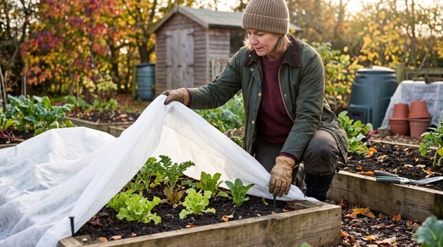 Woman Covering Garden Vegetables with Horticultural Fleece for Winter Protection. Concept of gardening, frost protection, winter gardening, fleece cover, gardener.