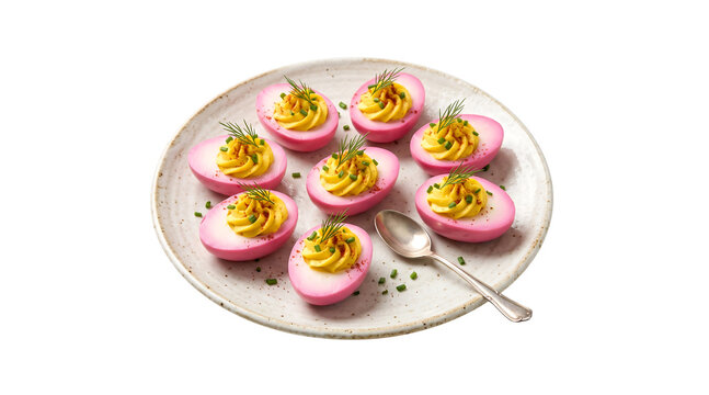 Colorful Pink Beet Pickled Deviled Eggs Garnish with Herbs Served on Plate Isolated on transparent Background