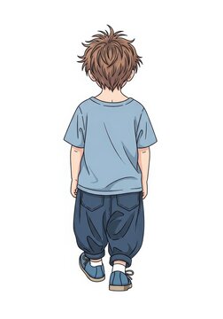Anime Style Illustration of a Young Boy with Messy Brown Hair Walking Away Isolated on White Background