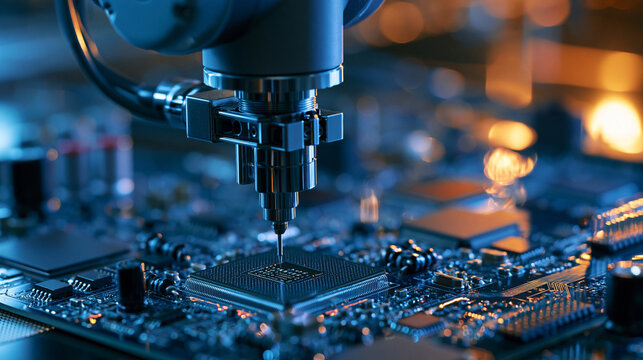 A robotic arm precisely assembling a microchip on a circuit board in a high-tech factory under blue lighting. Ideal for advanced manufacturing and electronics technology concepts.