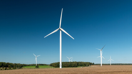 Fototapeta premium Wind Turbines Across a Rural Landscape Under a Clear Blue Sky
