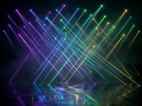 Vibrant laser light show with colorful beams crossing in dark atmosphere
