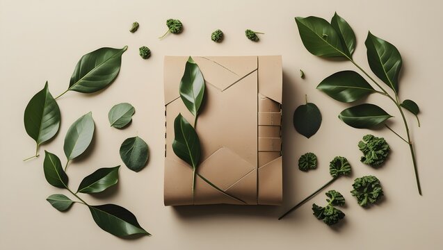Sustainable Recycled Paper Packaging with Green Leaves on Beige Background