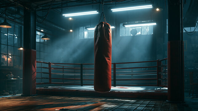 A red punching bag hangs in front of a boxing ring in a dark industrial gym with dramatic moody lighting. Perfect background for fitness and training motivation concepts.