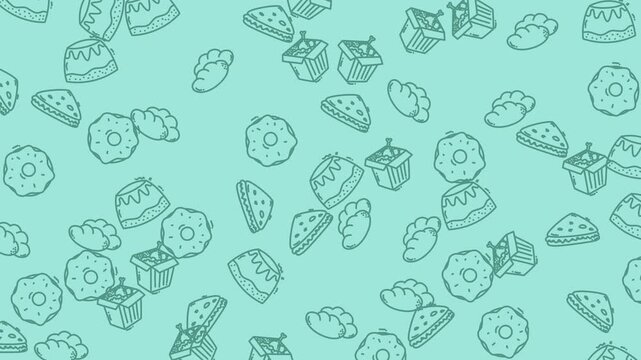 Seamless pattern with hand drawn doodle food items on a light turquoise background.