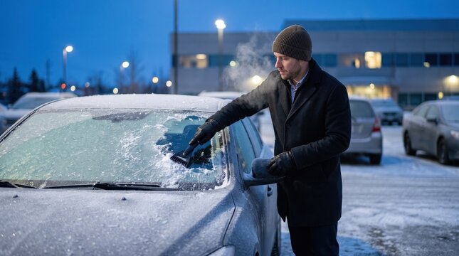 Man Scraping Ice from Car Windshield on Cold Winter Morning. Concept of ice scraper, winter driving, frozen car. Copy space.